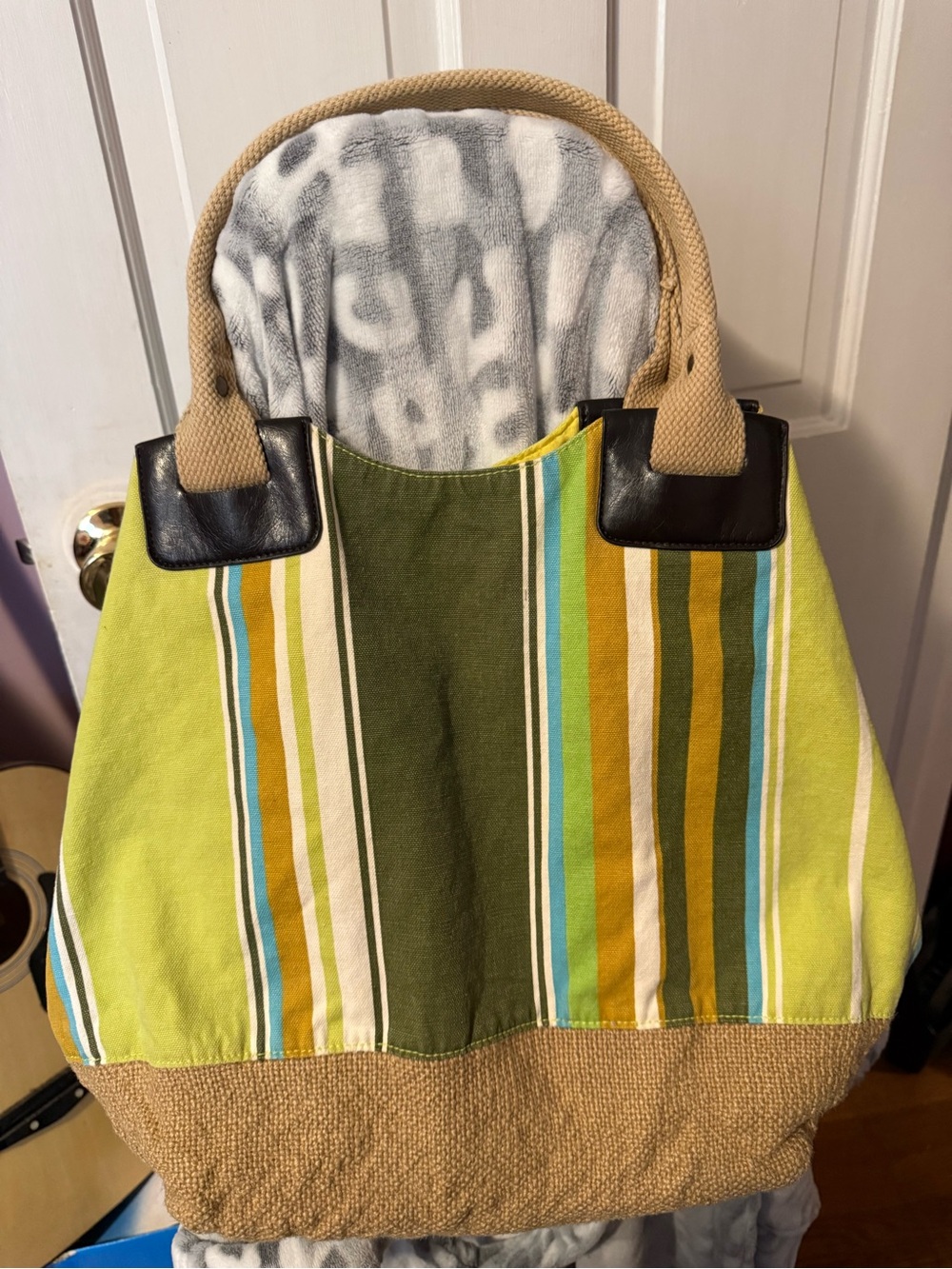 Striped Green Canvas Tote with Tan Handles